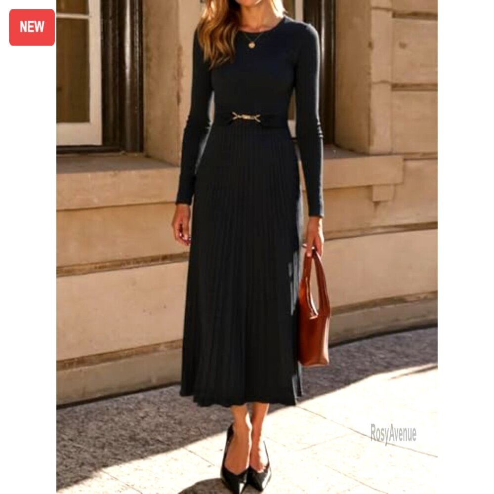 Long Sleeve Midi Sweater Dress with Belt, Knit A-Line Pleated Flowy - Picture 3 of 8